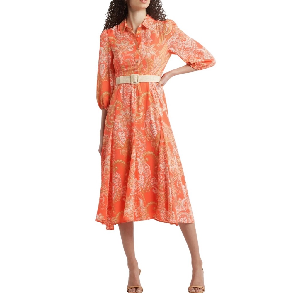 NWT Tahari ASL Maxi Dress Size 10 Orange Paisley Belted Shirt Dress Long Sleeve